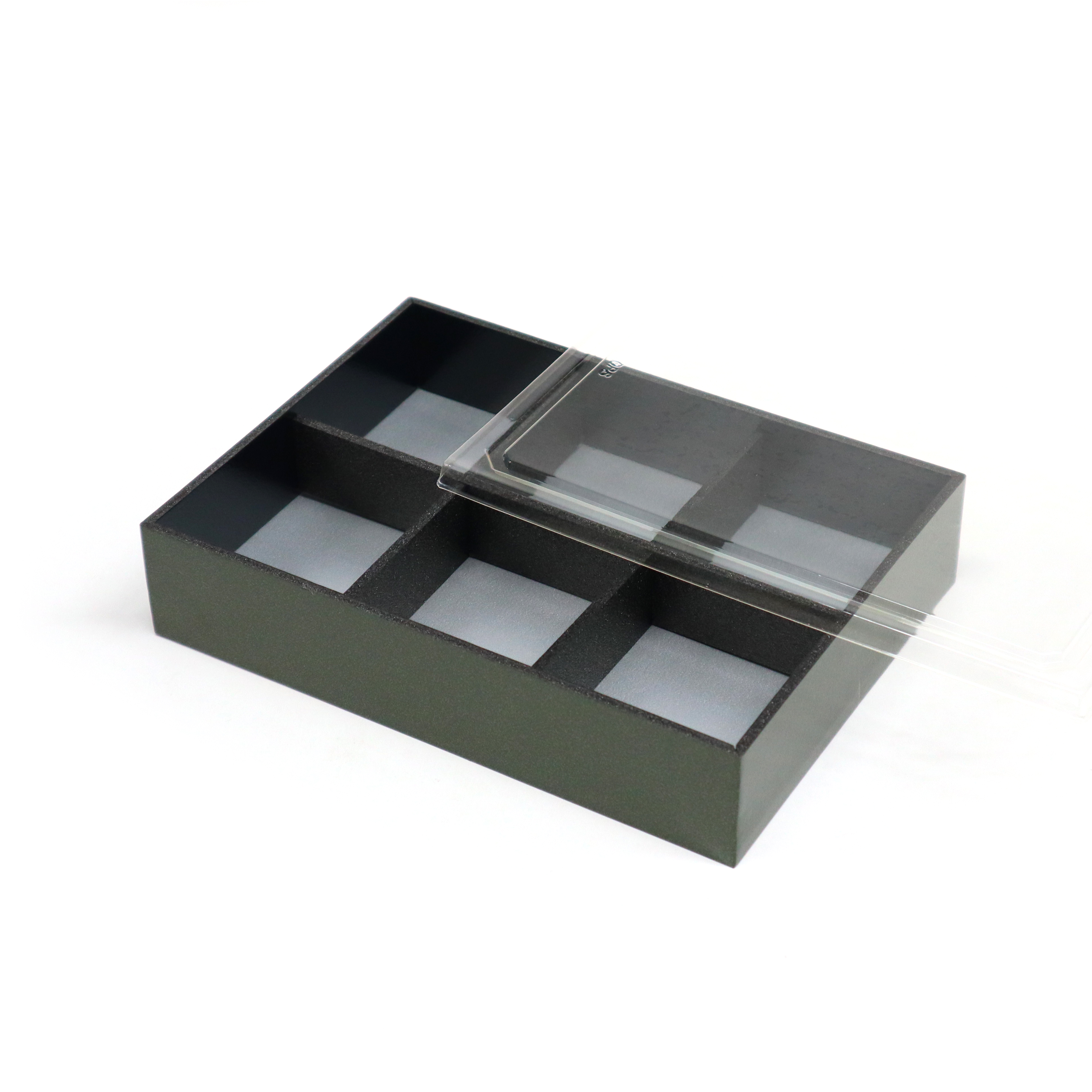 発泡製折箱透明蓋付 ２合 黒無地 ６ケ仕切りの容器・商品ページ | 折箱 